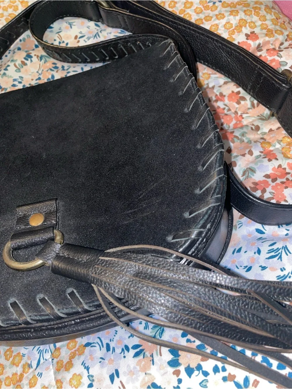 Black genuine leather Crossbody Bag with Tassel